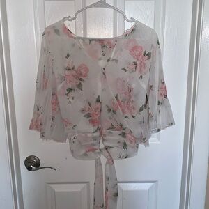 Sheer white blouse with pink roses